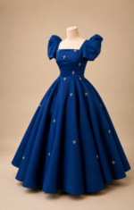 Royal Blue Princess Puff Sleeve Gown - Image 2