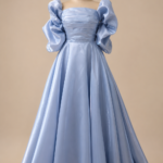 Celeste Blue Puff Sleeve Satin Ball Gown