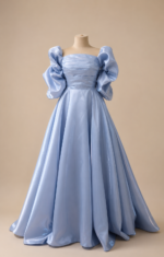 Celeste Blue Puff Sleeve Satin Ball Gown