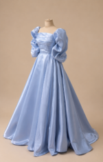 Celeste Blue Puff Sleeve Satin Ball Gown - Image 2