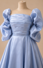 Celeste Blue Puff Sleeve Satin Ball Gown - Image 3
