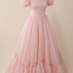 Blush Rose Puff Sleeve Organza Gown
