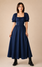 Navy blue lace up front puff sleeves