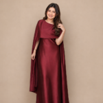 Ruby Noir Satin Cape Gown